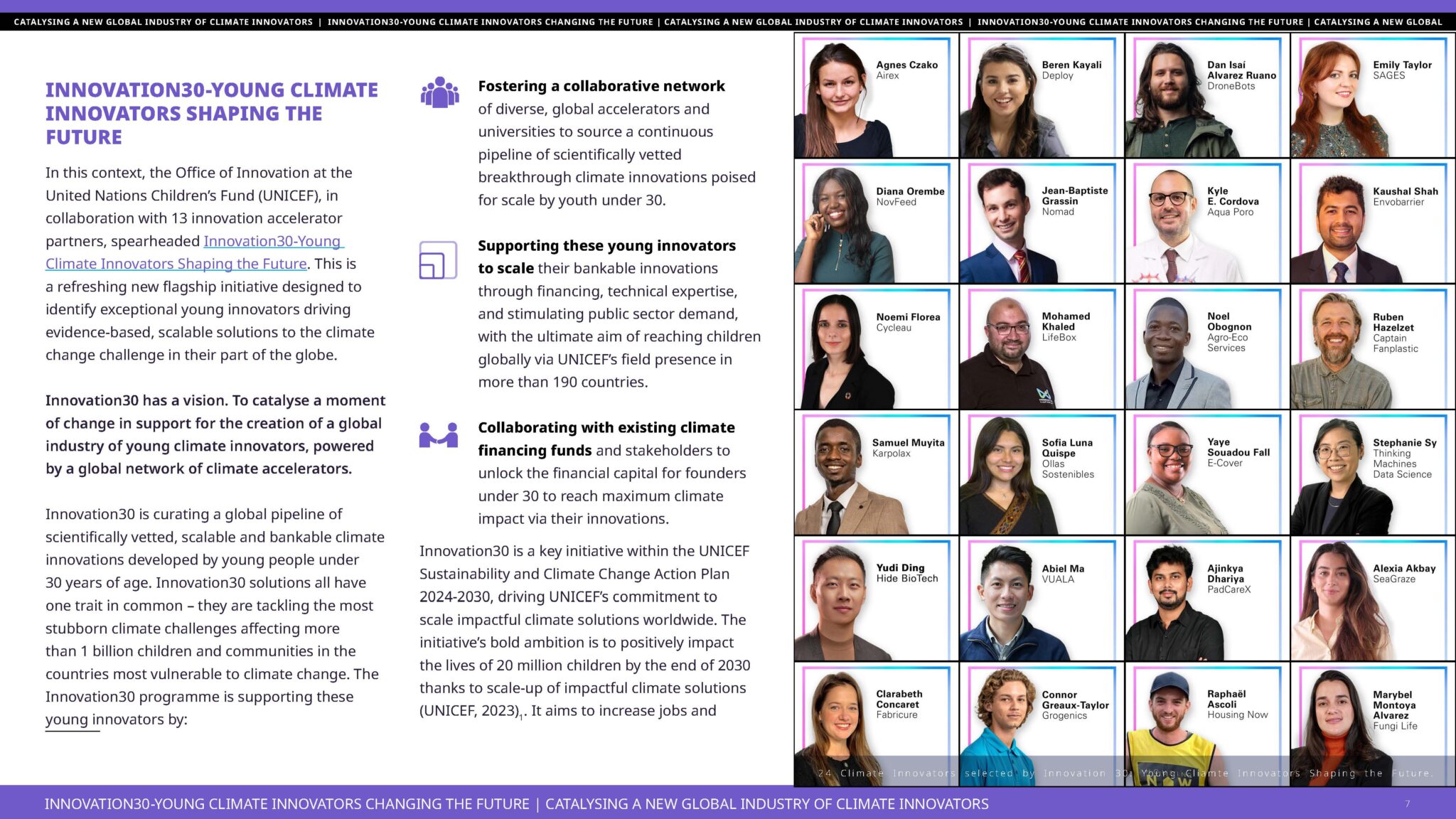 A page of a report focusing Young Climate entrepreneurs and climate action support support by UNICEF