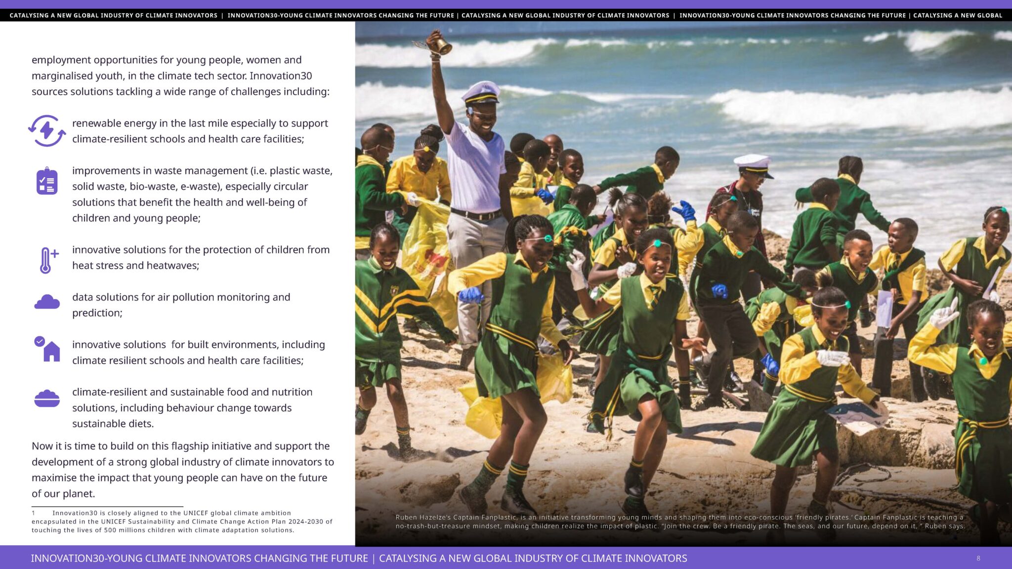A page of a report focusing Young Climate entrepreneurs and climate action support support by UNICEF