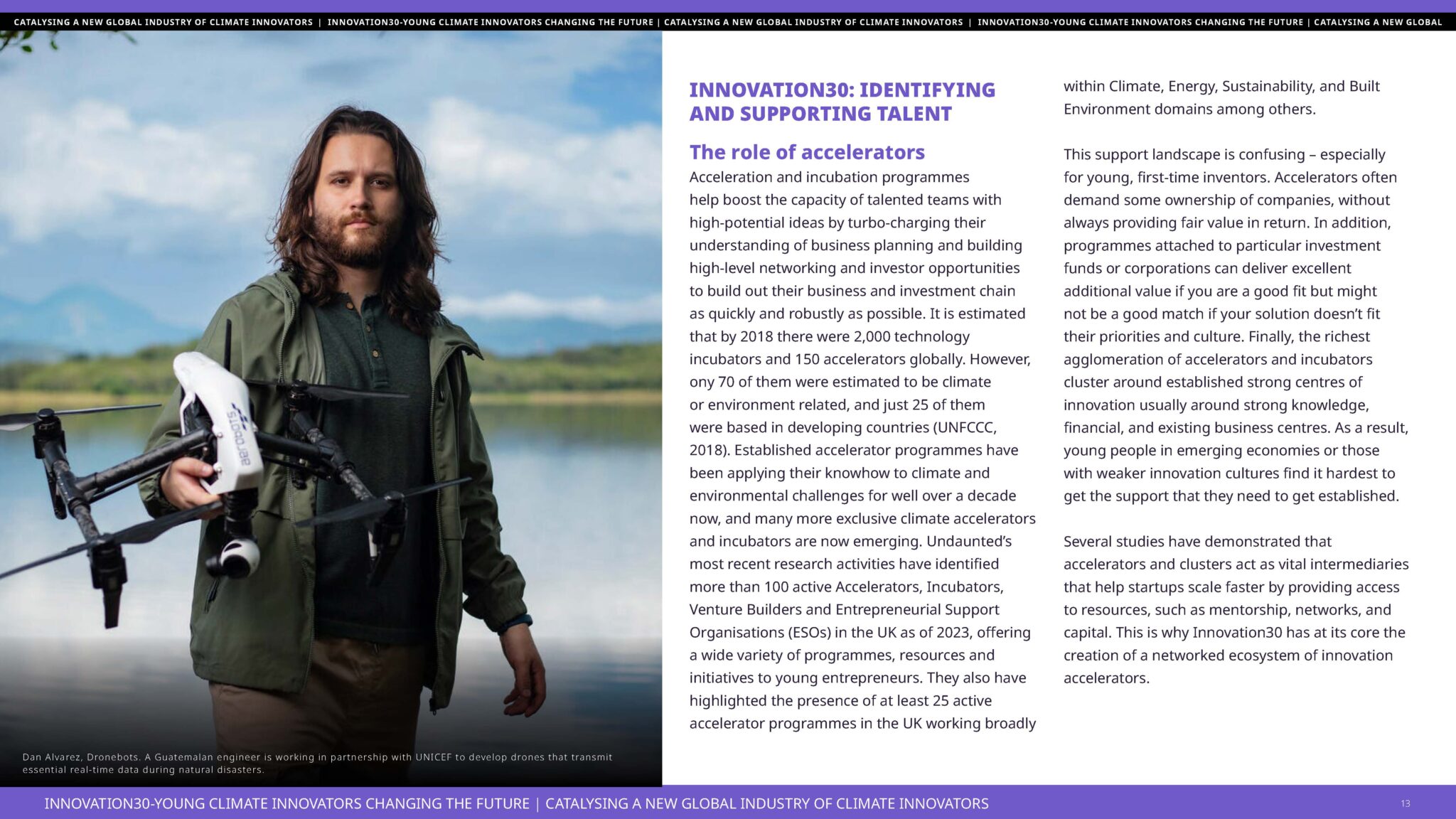A page of a report focusing Young Climate entrepreneurs and climate action support support by UNICEF