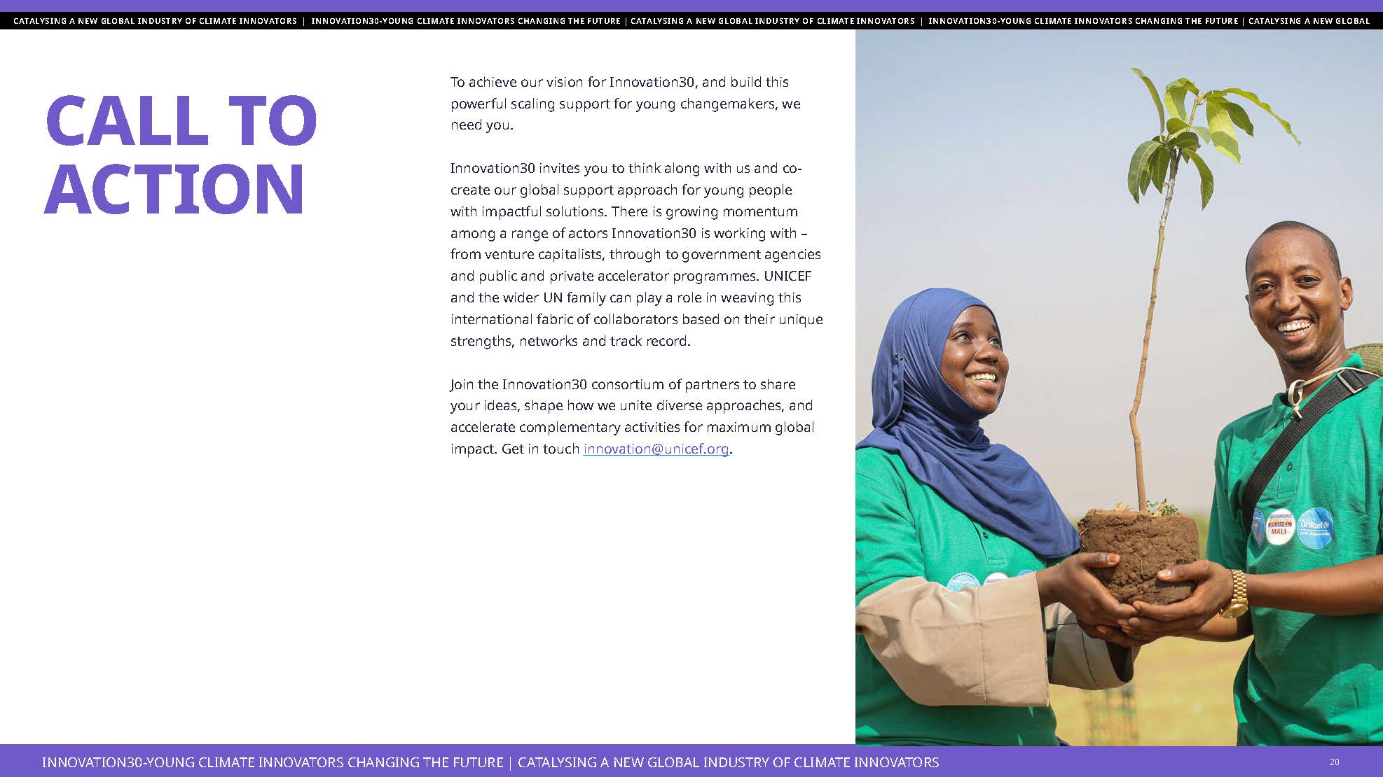 A page of a report focusing Young Climate entrepreneurs and climate action support support by UNICEF